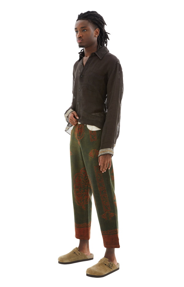 Hand Woven Wool Work Pants (Ecru/Emerald/Orange)