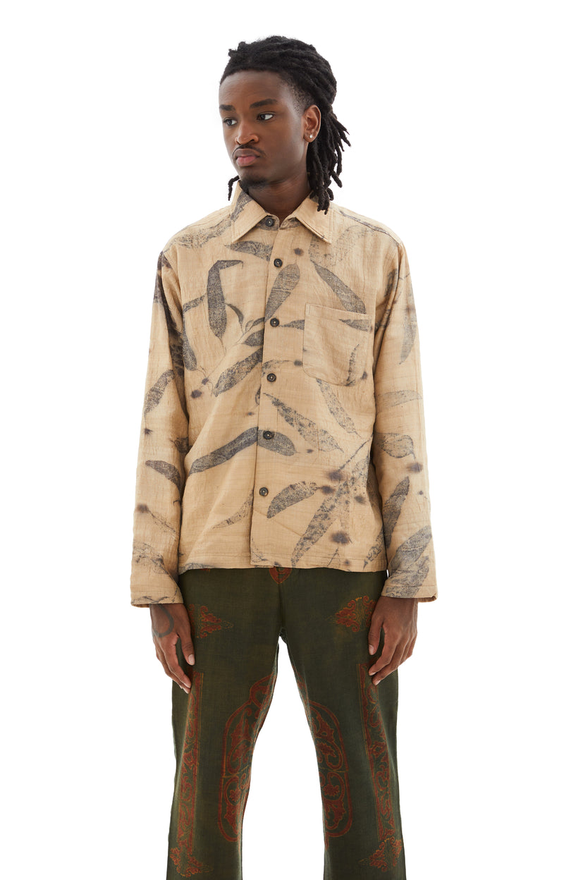 Leaf Print Weighted Padded Overshirt (Bronze/Black)