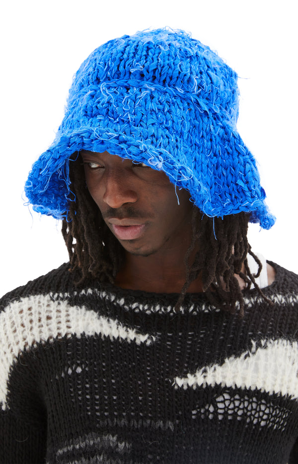Hand Knit Khadi Silk Bucket Hat (Blue)