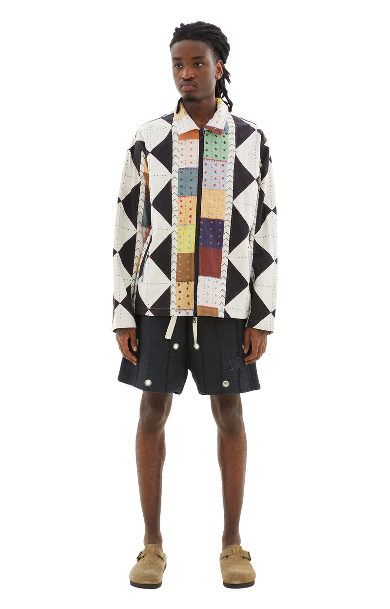 Patchwork Quilted Zip Work Jacket (White/Brown/Multicolor)