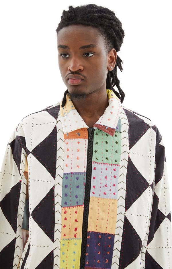 Patchwork Quilted Zip Work Jacket (White/Brown/Multicolor)