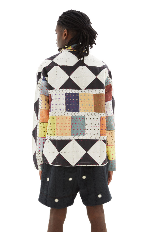 Patchwork Quilted Zip Work Jacket (White/Brown/Multicolor)