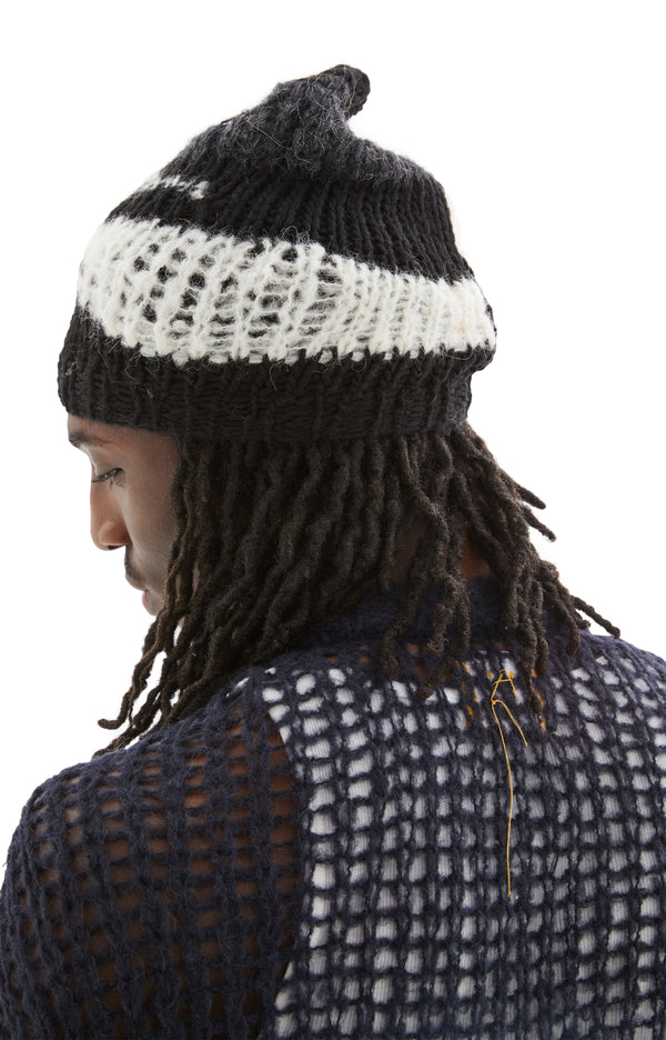 Hand Knit Recycled Yarn Beanie (Black/White)