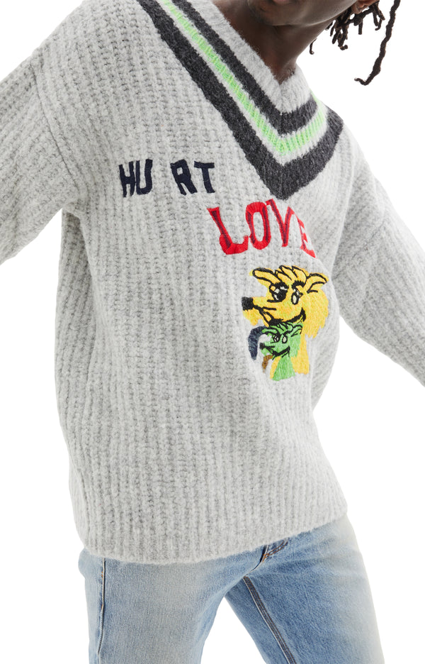 Hurt Lover Varsity V-Neck Sweater (Grey)