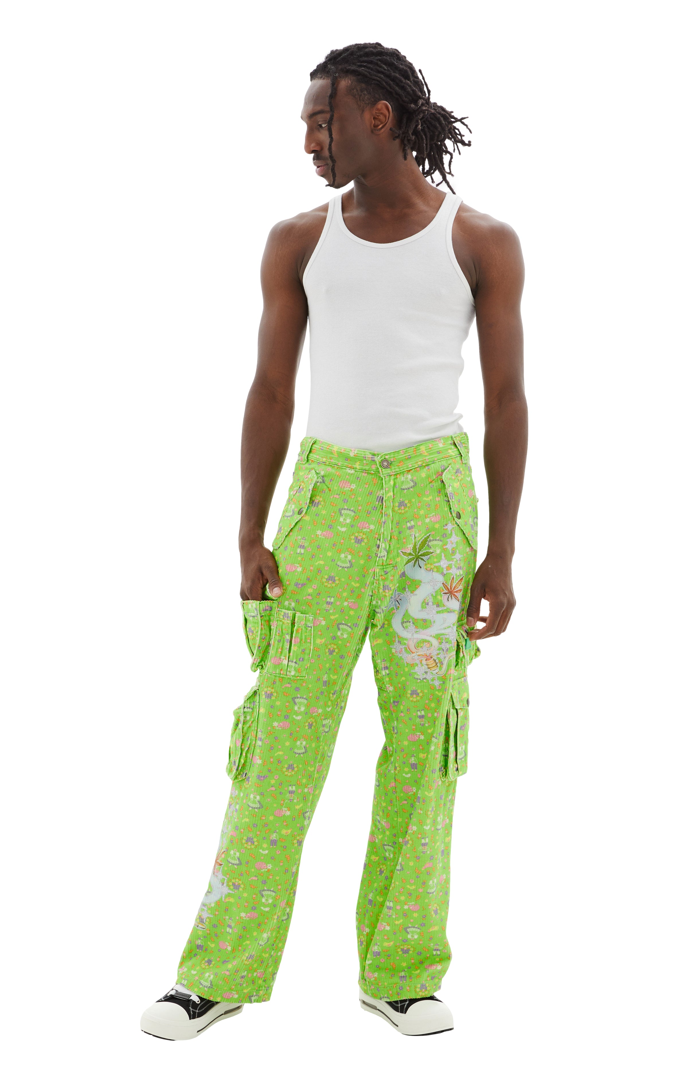 Corduroy Printed Cargo Pants (Green)