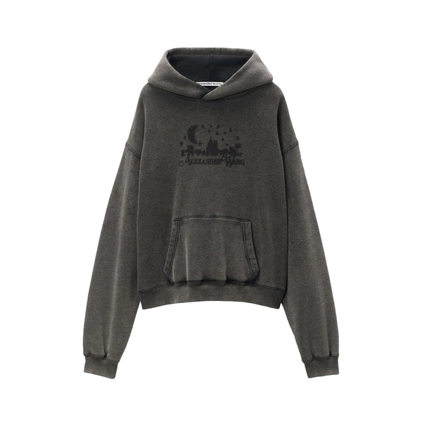 Hoodie With Distressed Skyline Logo Graphic (Washed Charcoal)