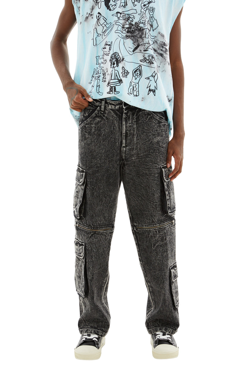 Acid Wash Double Cargo Pants (Black)