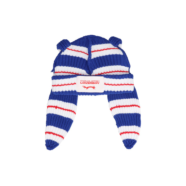 Chunky Rabbit Beanie (Blue/Red/White Stripe)