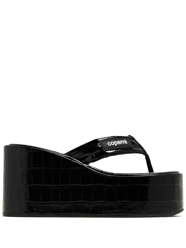 Croco Branded Wedge Sandal (Black)
