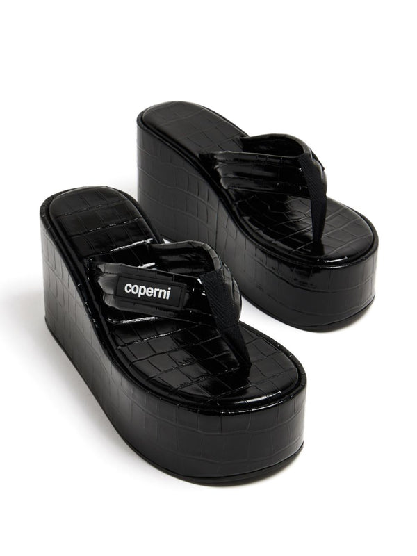 Croco Branded Wedge Sandal (Black)