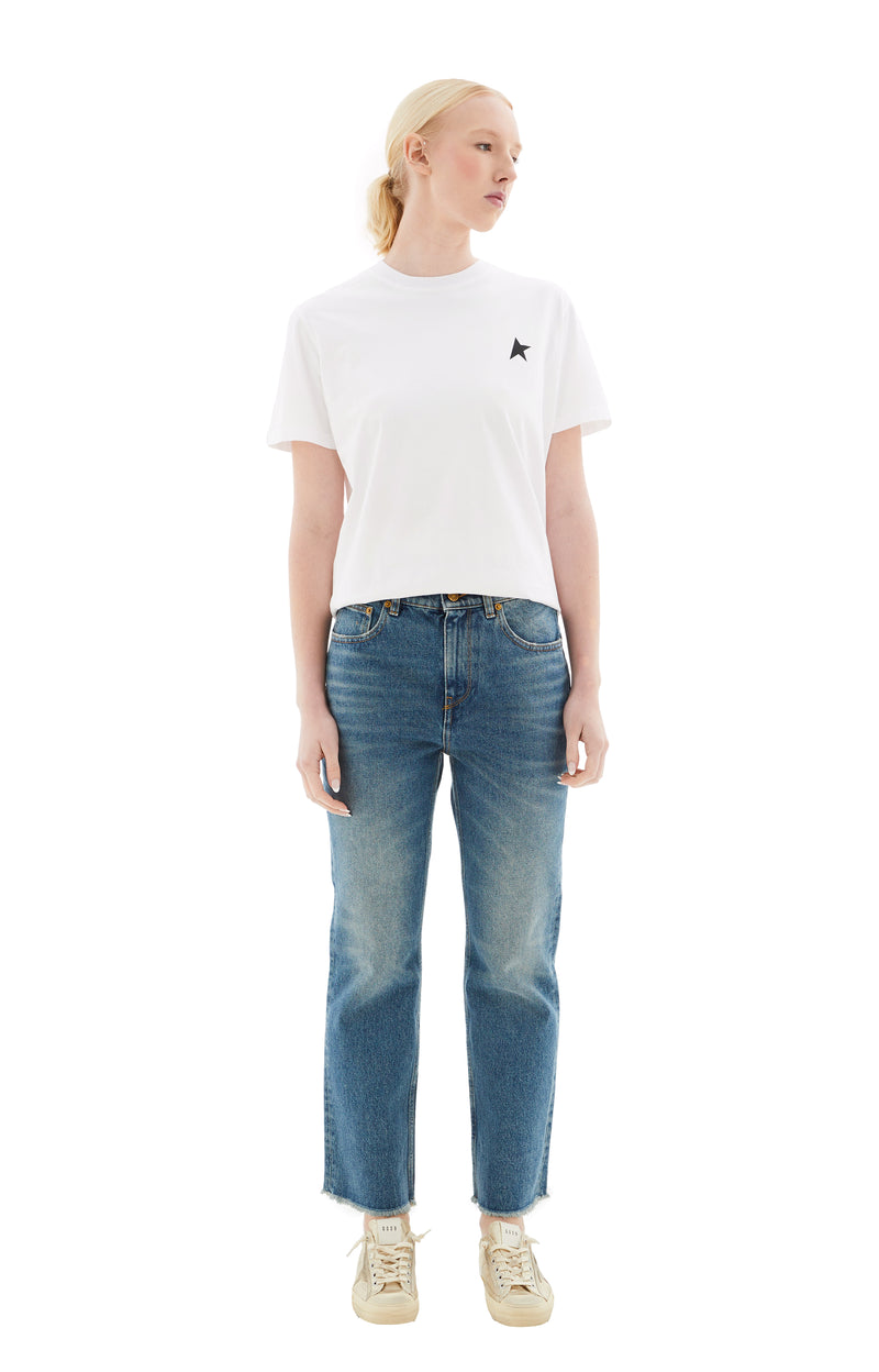 Women's Cropped Flare Washed Denim (Blue)