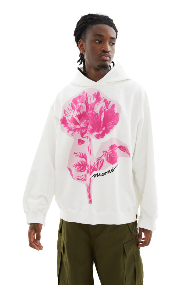 Flower Printed Cotton Hoodie (Natural White)