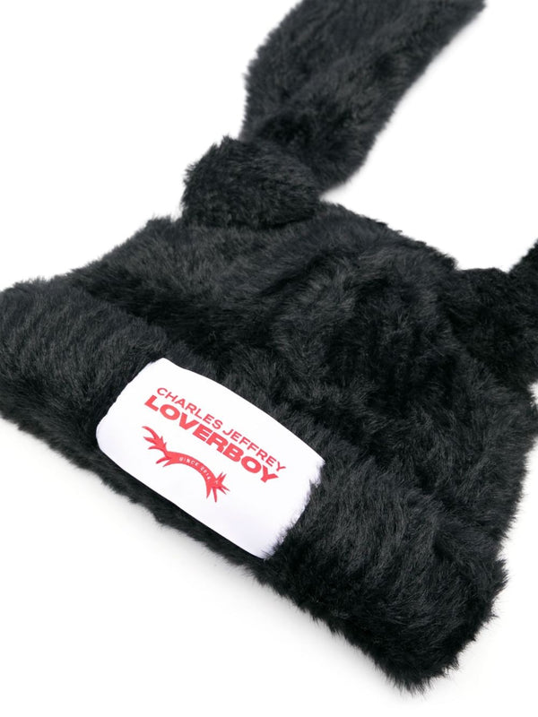 Fluffy Chunky Rabbit Beanie (Black)