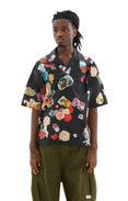 Bowling Flower Printed Cotton Short Sleeve Shirt (Black)