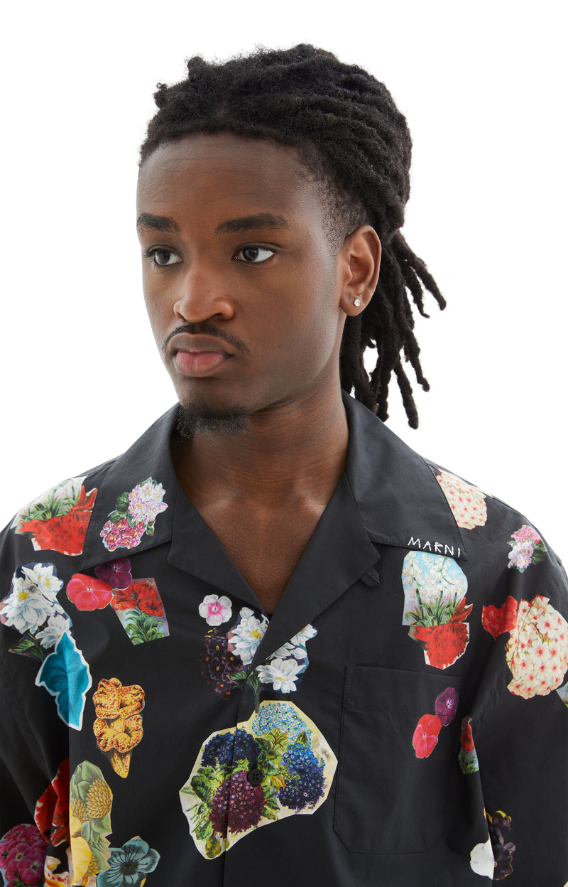 Bowling Flower Printed Cotton Short Sleeve Shirt (Black)