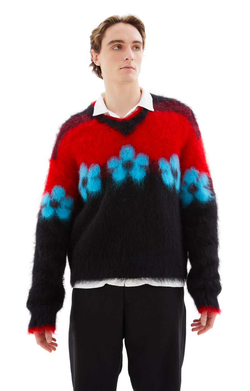 V-Neck Flower Sweater (Black/Red/Blue)