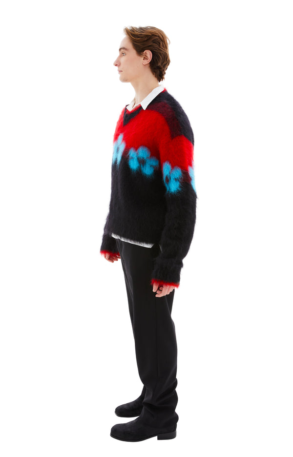 V-Neck Flower Sweater (Black/Red/Blue)