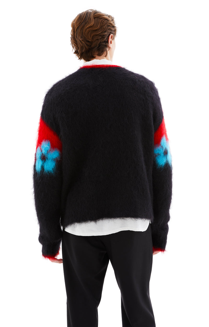 V-Neck Flower Sweater (Black/Red/Blue)