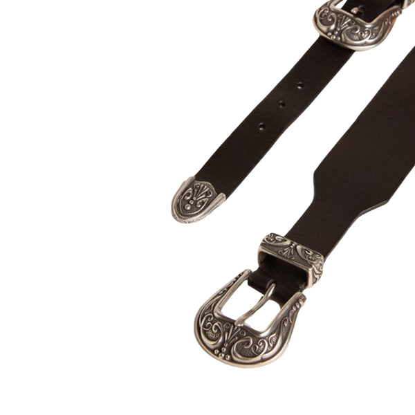 Women's Double Buckle Washed Leather Belt (Black)