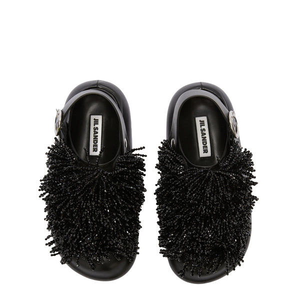 Leather Clogs w/Embroidered Beads (Black)