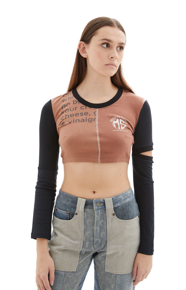 Regenerated Graphic T-Shirt Patchwork Cropped Top (Brown/Black)