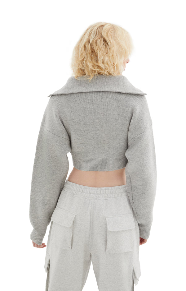 Half-Zip Boxy Cropped Sweater (Light Grey)