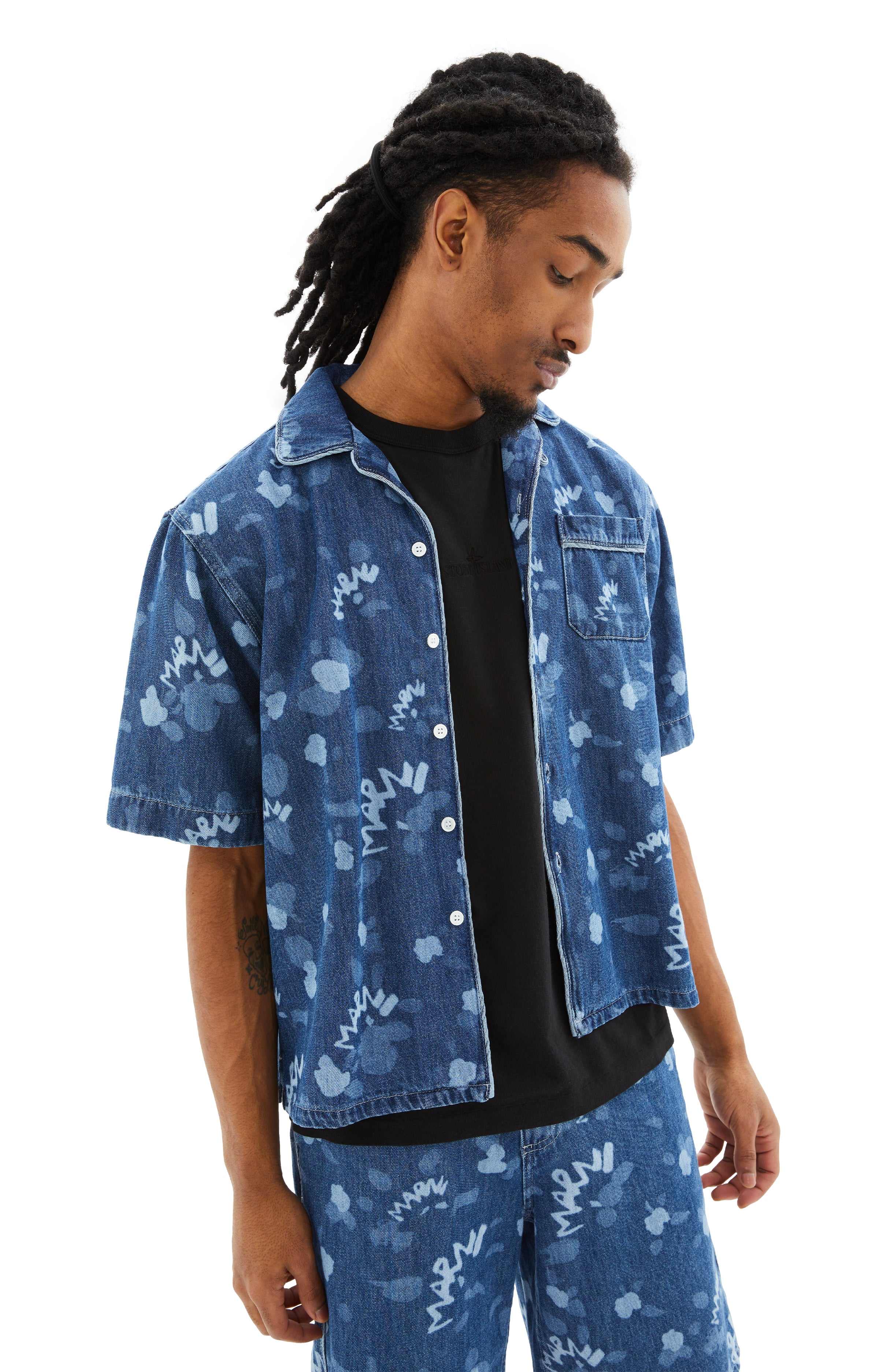 Short Sleeve Denim Bowling Shirt (Blue)