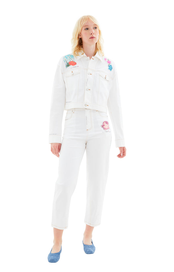 Denim Jacket with Flowers Patches (White)