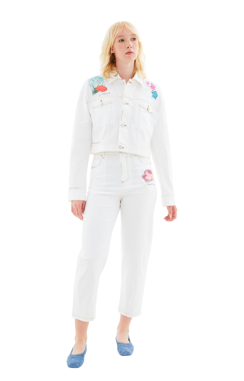 Denim Pants with Flowers Patches (Lily White)