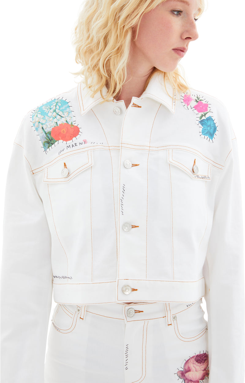 Denim Jacket with Flowers Patches (Lily White)