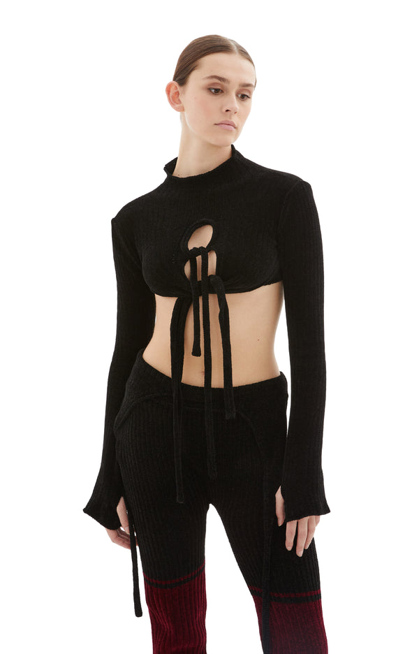 Knit Strap Long Sleeve Shirt Top (Black)