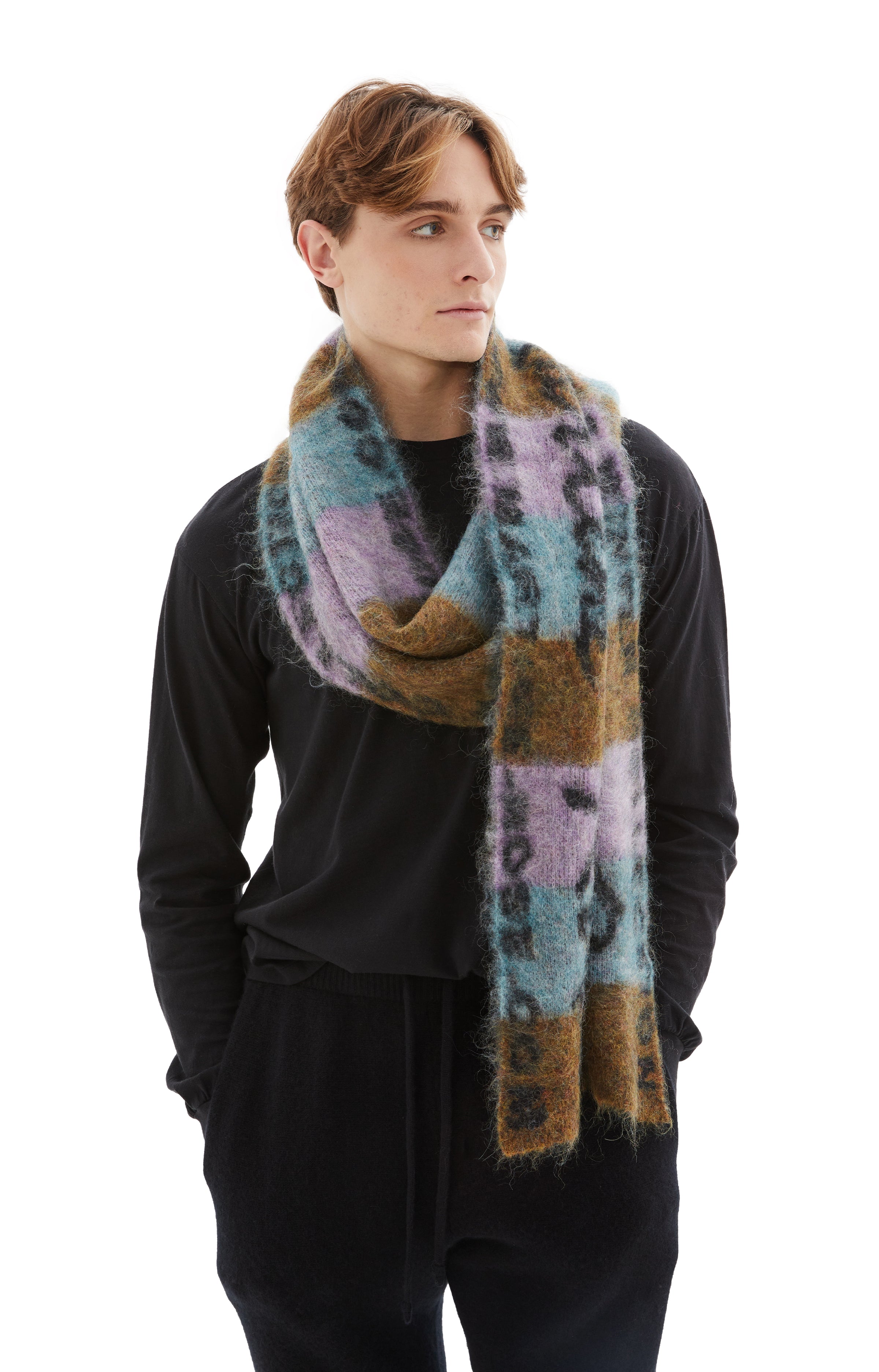 Brushed Mohair Signature Scarf (Khaki/Lilac/Blue)