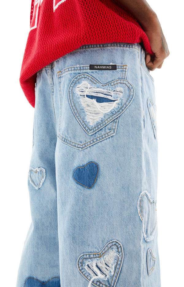 Heart Patchwork Jeans (Light Wash Blue)