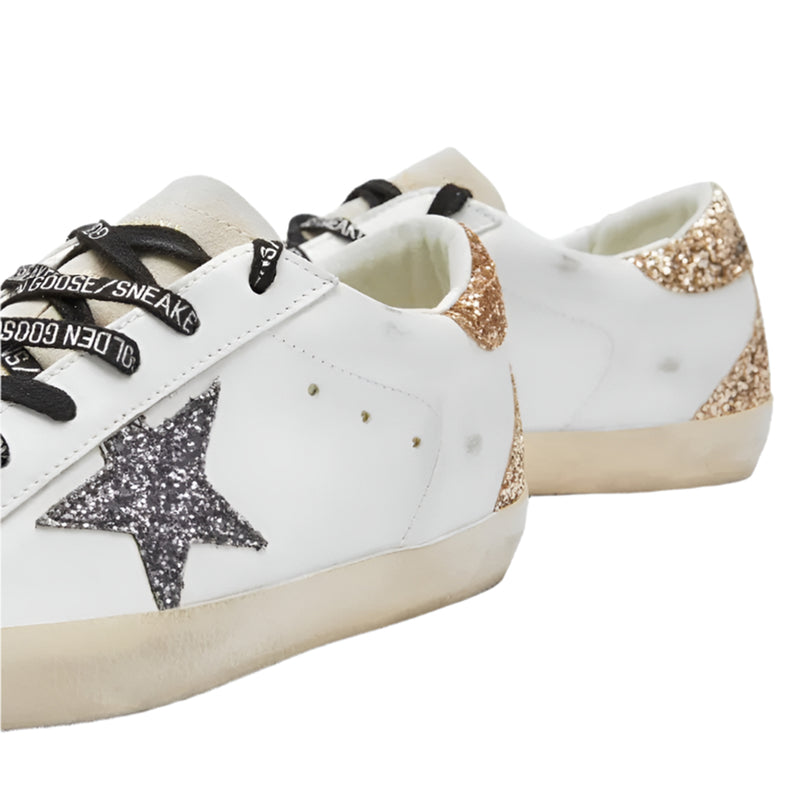 Women's Super-Star Leather Sneakers w/Glitter Star (Optic White/Seedpearl/Black/Gold)
