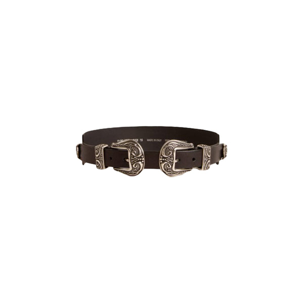 Women's Double Buckle Washed Leather Belt (Black)