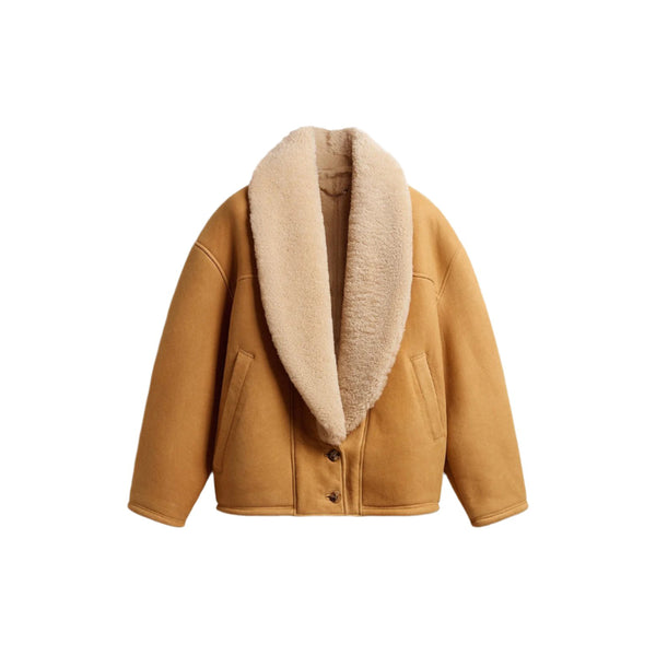 Sheepskin Jacket With Wide Shearling Shawl Collar(Brown)