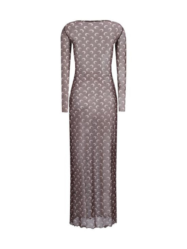 Moon Printed Mesh Panelled Dress (Brown)