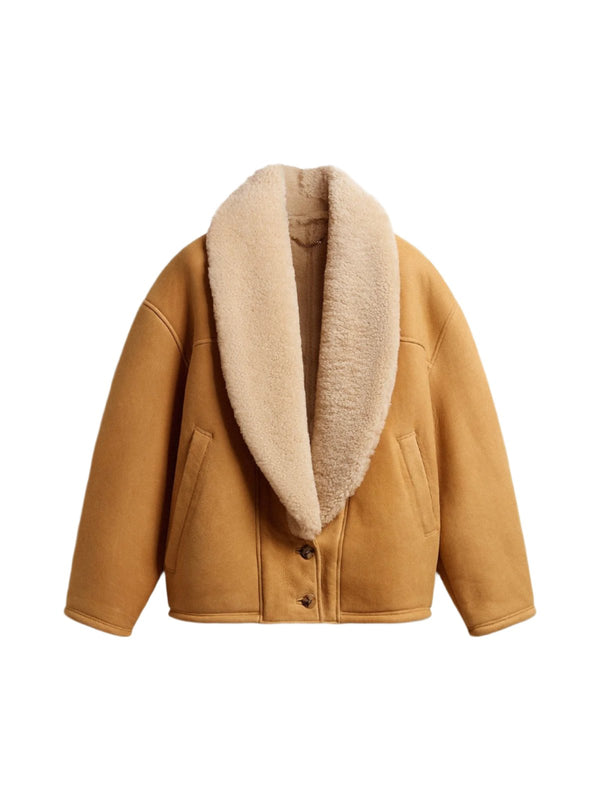 Sheepskin Jacket With Wide Shearling Shawl Collar(Brown)