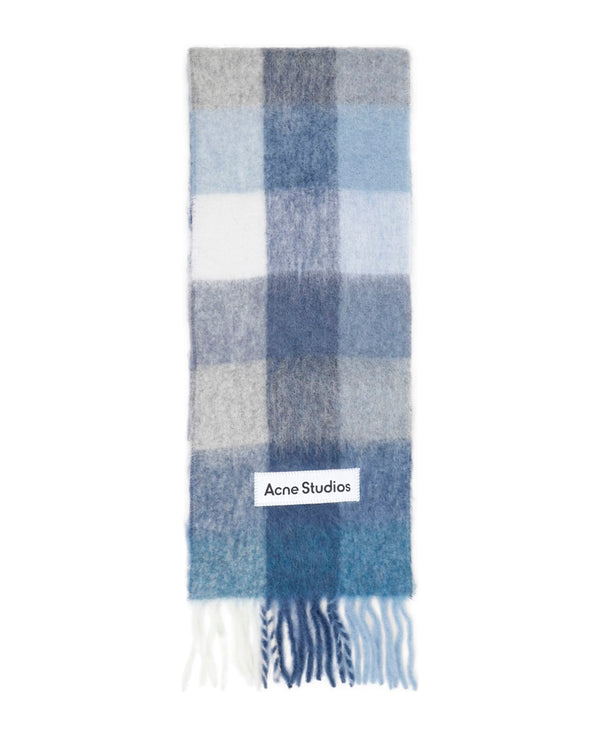 Mohair Checked Scarf (Indigo/Grey/Light Blue)