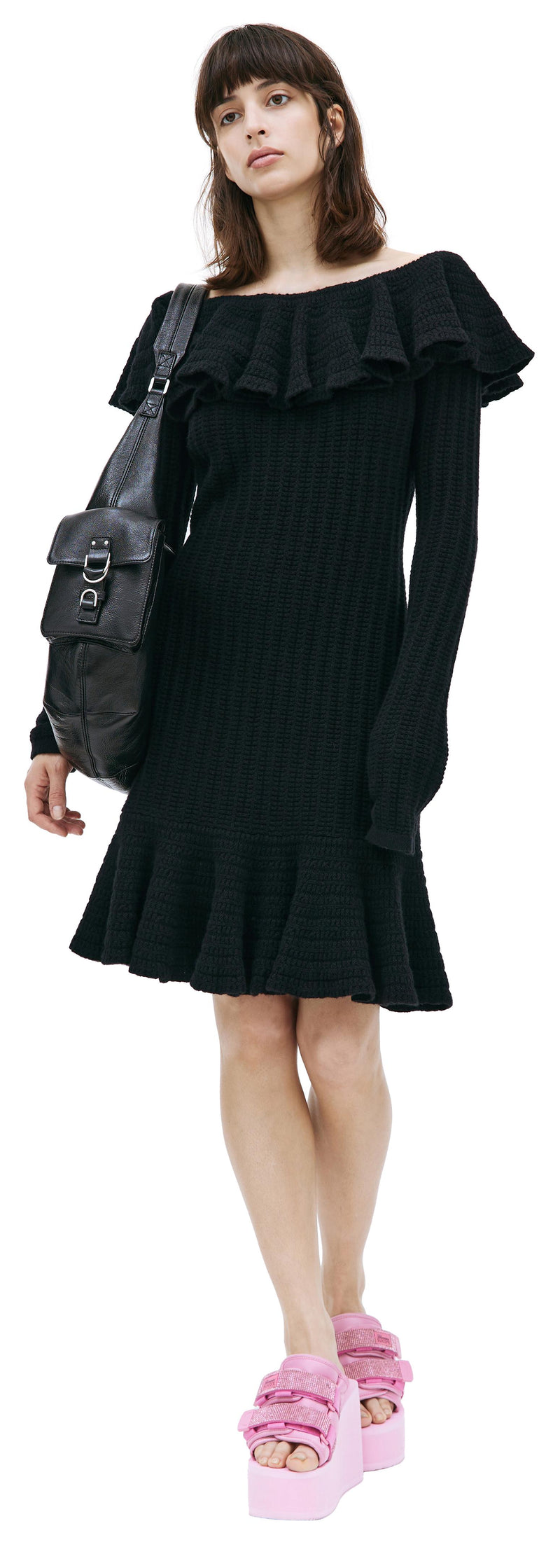 Knitted Open Shoulder Midi Dress (Black)