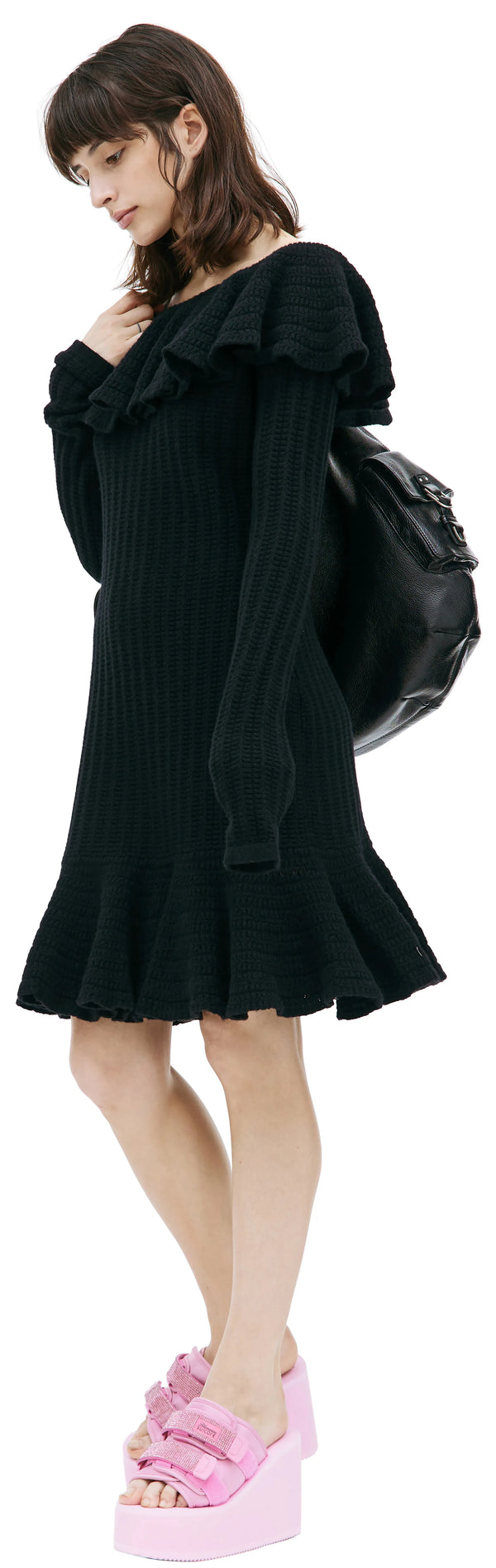 Knitted Open Shoulder Midi Dress (Black)