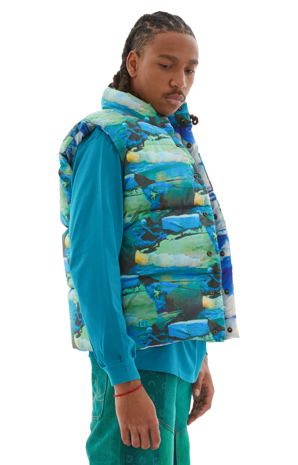 Printed Quilted Puffer Vest (Green)